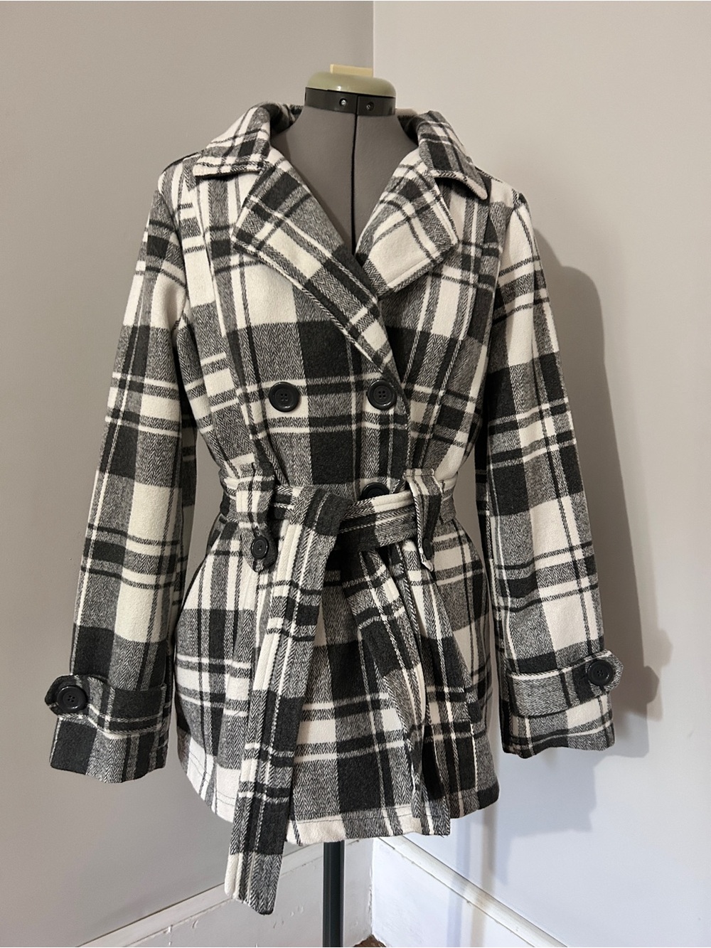 JouJou Classic Black & White Plaid Belted Peacoat - Women